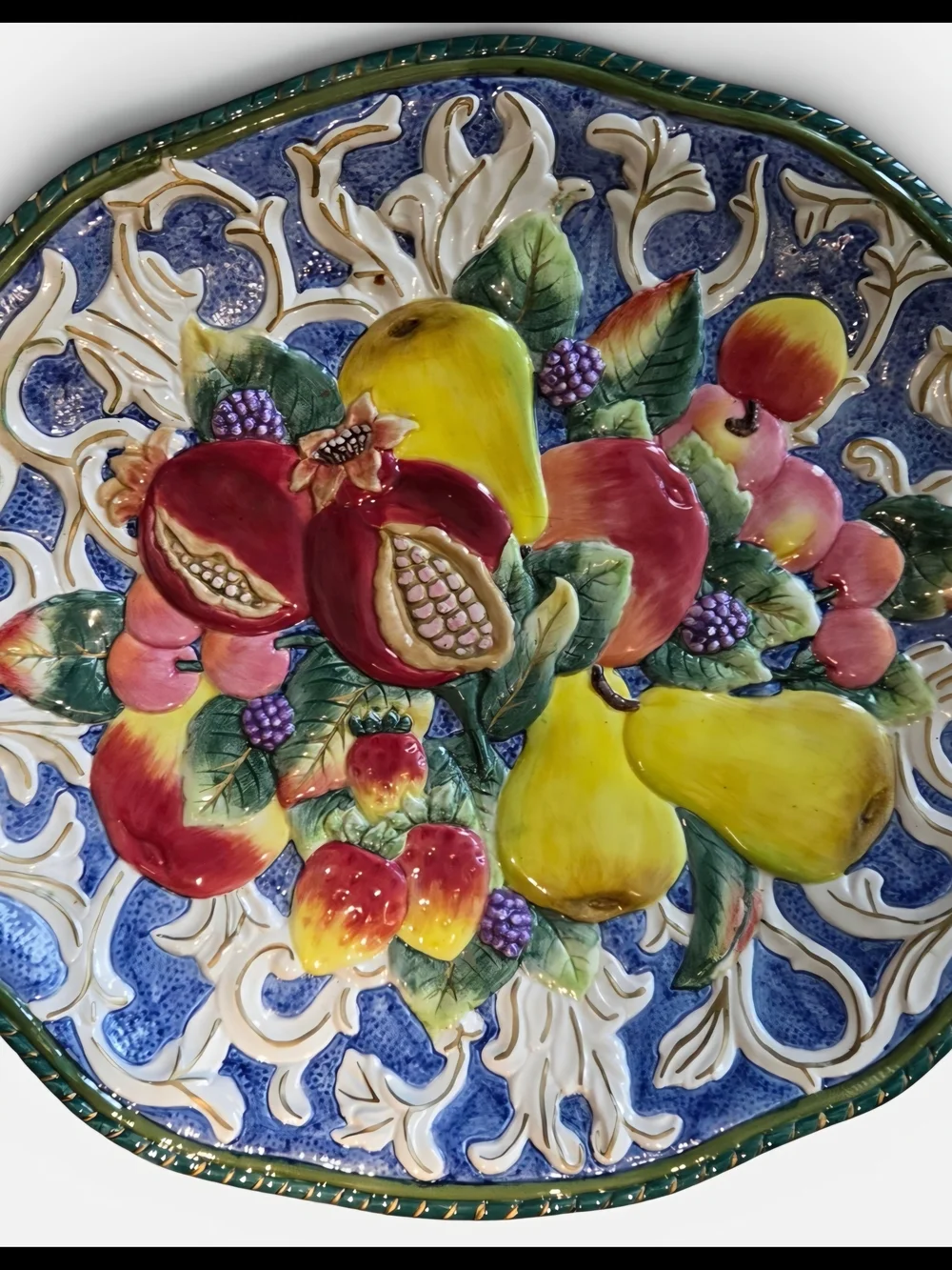 Hand-Painted Ceramic Fruit Platter in Blue, Yellow & Red